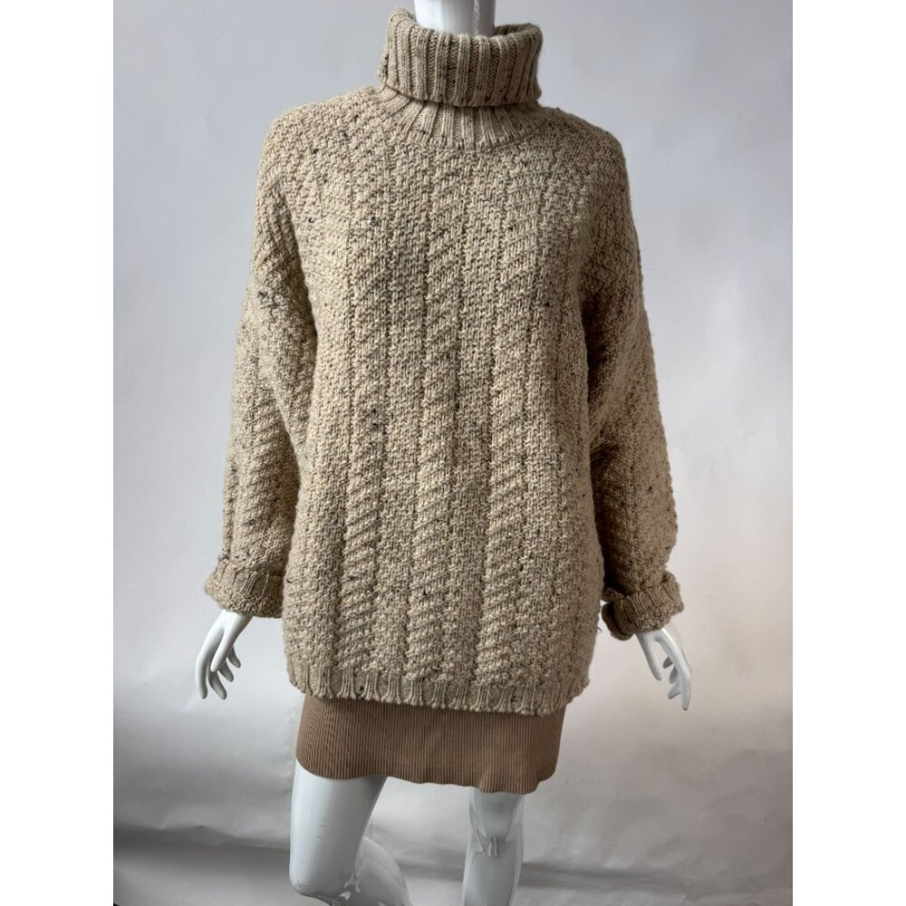 Vintage 80s Beige Chunky Knit Wool Turtleneck Sweater Textured Ribbed Long Sleev - Picture 10 of 12